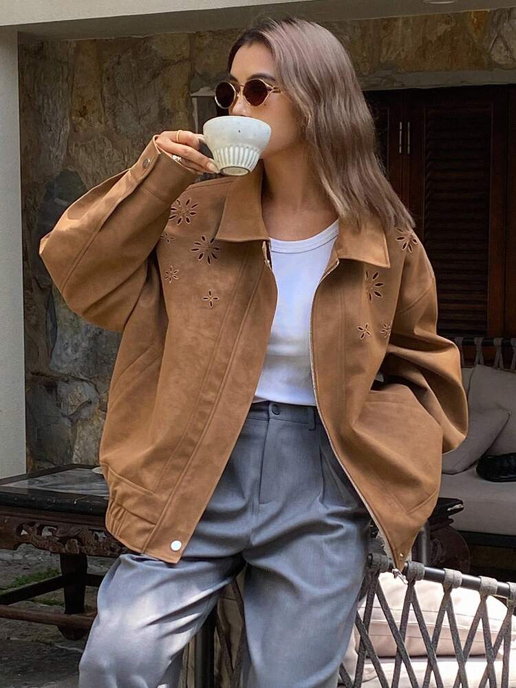 Women's Delicate Floral Hollow-Out Embroidery Street Casual Jacket