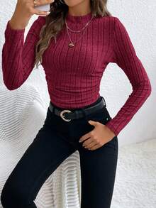 SHEIN Frenchy 女士休闲纯色罗纹针织褶皱 T 恤 - 紅色 - 查看 6