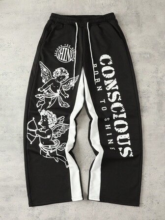 Street Life Pantaloni casual da uomo con stampa di angeli, vita con coulisse e gamba ampia