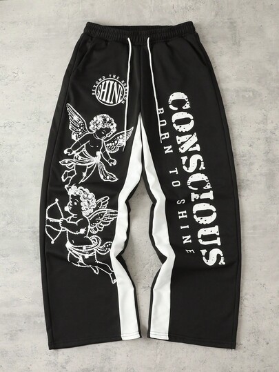 Street Life Pantaloni casual da uomo con stampa di angeli, vita con coulisse e gamba ampia