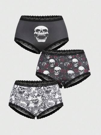 3 pièces/set Sous-vêtements culotte pour femmes avec imprimé gothique tête de mort et rose