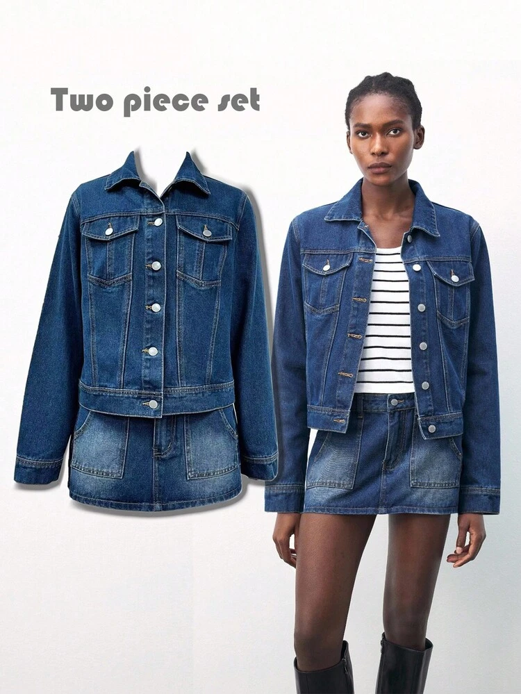 SHEIN Maija Women's Casual Fashion Street Snap Flap Pocket Denim Jacket And Mini Skirt 2 Pieces Set, Spring/Autumn
