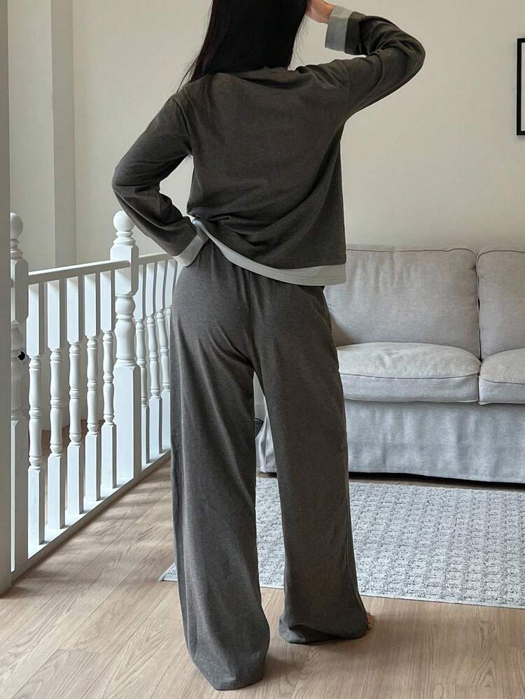 Women's Comfortable Knit Pajama Set With Contrast Color Patchwork, Suitable For Autumn/Winter, Cozy Outfit, Fall Clothes