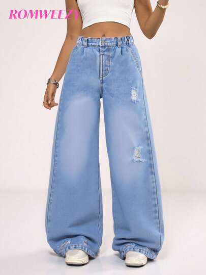 Sparklyn Denimly Teen Girls' Straight Leg Jeans. Korean Retro Fashionable Casual Minimalist Style Recommendation. Washed Blue Fresh And Natural. Distressed Ripped Design Carefree, Elastic Waistband Comfortable Fit. Slim Flattering Silhouette. Suitable For Outings, Dates, Outdoor Leisure, Campus Daily Wear, Gatherings With Friends, Parties. An All-Year-Round Versatile Essential! Fall Winter