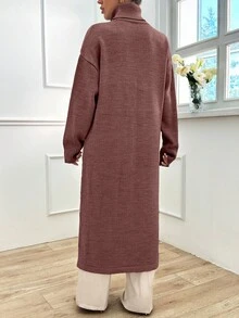 EURMUSE Women Solid Color High Neck Long Sweater With High Split - Dusty Pink - View 3