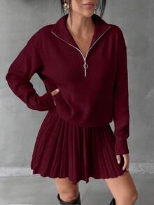 EURMUSE Women Solid Color Zipper Neck Drop Shoulder Pullover & Sweater Skirt Set - Burgundy - View 2