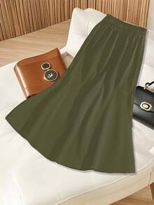 GlowEve 女士纯色腰带扣装饰优雅时尚半身裙 - 軍綠色 - 查看 2