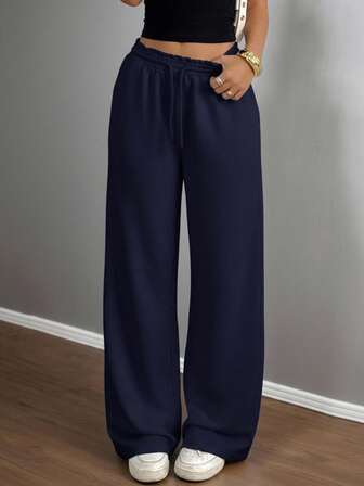 Teen Girls Casual Loose Fit Low Waist Elastic Waistband Wide Leg Sweatpants, Versatile For Spring, Summer, Autumn, Winter Comfy Pants Navy Pants Navy Blue Sweatpants Loose Pants Fall