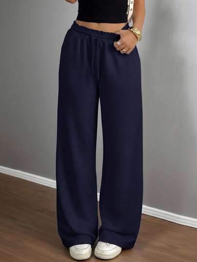 Teen Girls Casual Loose Fit Low Waist Elastic Waistband Wide Leg Sweatpants, Versatile For Spring, Summer, Autumn, Winter Comfy Pants Navy Pants Navy Blue Sweatpants Loose Pants Fall