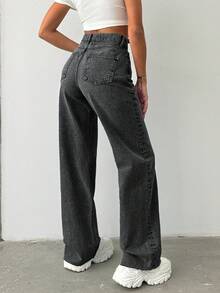 Calça jeans 100% algodão, cintura alta, corte reto, bainha crua - Cinza claro - Ver 2
