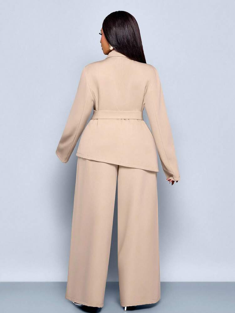 SOLERSUN 大码女士西装套装，卡其色交叉翻领，开腰带，丝带，褶皱金属装饰，不对称下摆，西装外套和宽松阔腿裤，后腰橡胶腰带，卡其色梭织通勤办公室时尚冬季秋季女士休闲套装 - 卡其色 - 查看 3