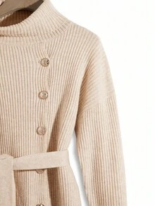 Franclia Nuevo suéter de punto de manga larga con cuello alto y cintura ceñida, estilo vintage, de alta gama para otoño/invierno para mujeres - Marrón - Ver 6