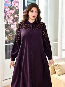 SHEIN Lacomfia 大码女式阿拉伯风格连衣裙，中式立领长袖刺绣镂空蕾丝拼接宽松舒适优雅休闲百搭 - 紫色 - 查看 4