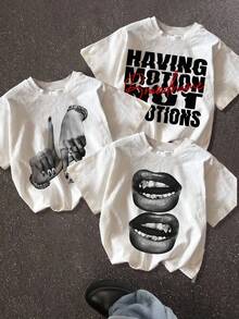 SHEIN 3 件装街头嘻哈黑白图案休闲简约青少年女孩短袖圆领 T 恤，适合夏季 - 白色 - 查看 1