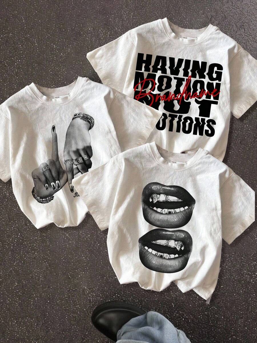 SHEIN 3 件装街头嘻哈黑白图案休闲简约青少年女孩短袖圆领 T 恤，适合夏季 - 白色 - 查看 1