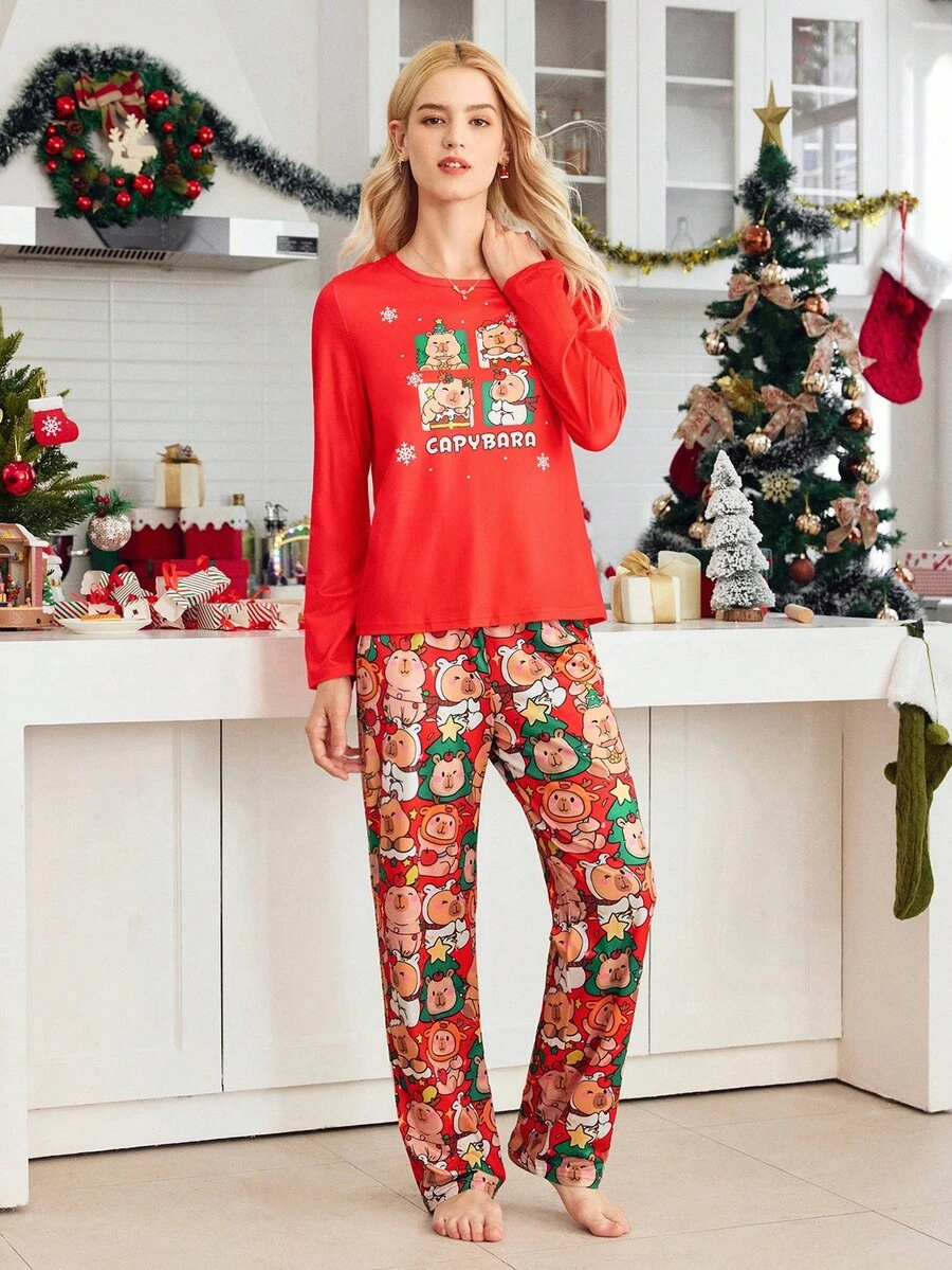 1pc Women's Fall Cartoon Graphic Pajama Set, Fall Clothes, Christmas