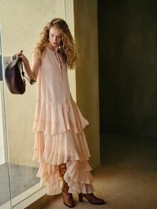 MOTF STUDIO OVERSIZED HEM ROMANTIC FLOWY RUFFLE HEM DRESS - Pink - View 3