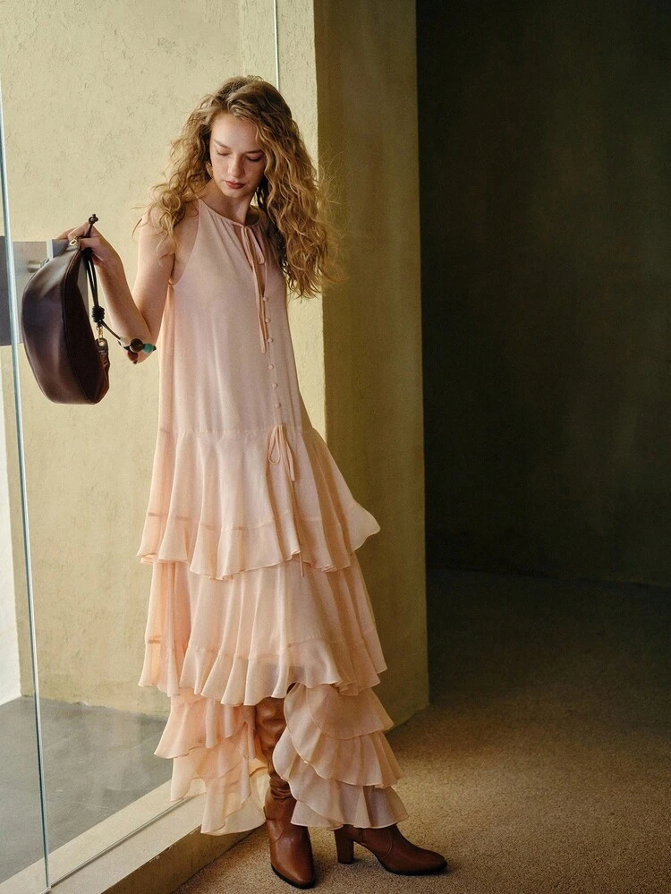 MOTF STUDIO OVERSIZED HEM ROMANTIC FLOWY RUFFLE HEM DRESS