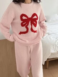 2pcs Women Bow Pattern Knitted Loose Long Sleeve Top And Long Pants Pajama Set, Autumn/Winter, Fall Clothes Thermal Lined - Pink - View 3