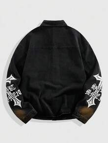 ROMWE MEN Street Life 男士时尚印花长袖牛仔衬衫，休闲装 - 黑色 - 查看 2