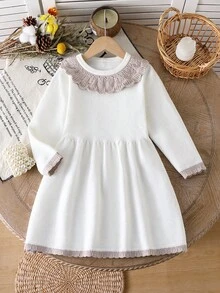 少女时尚荷叶边领长袖针织公主裙，春秋季 - 白色 - 查看 1