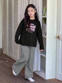 DAZY 2pcs Kids Tween Girls Crew Neck Printed Long Sleeve T-Shirt + Striped Woven Pants Loungewear Set, Autumn