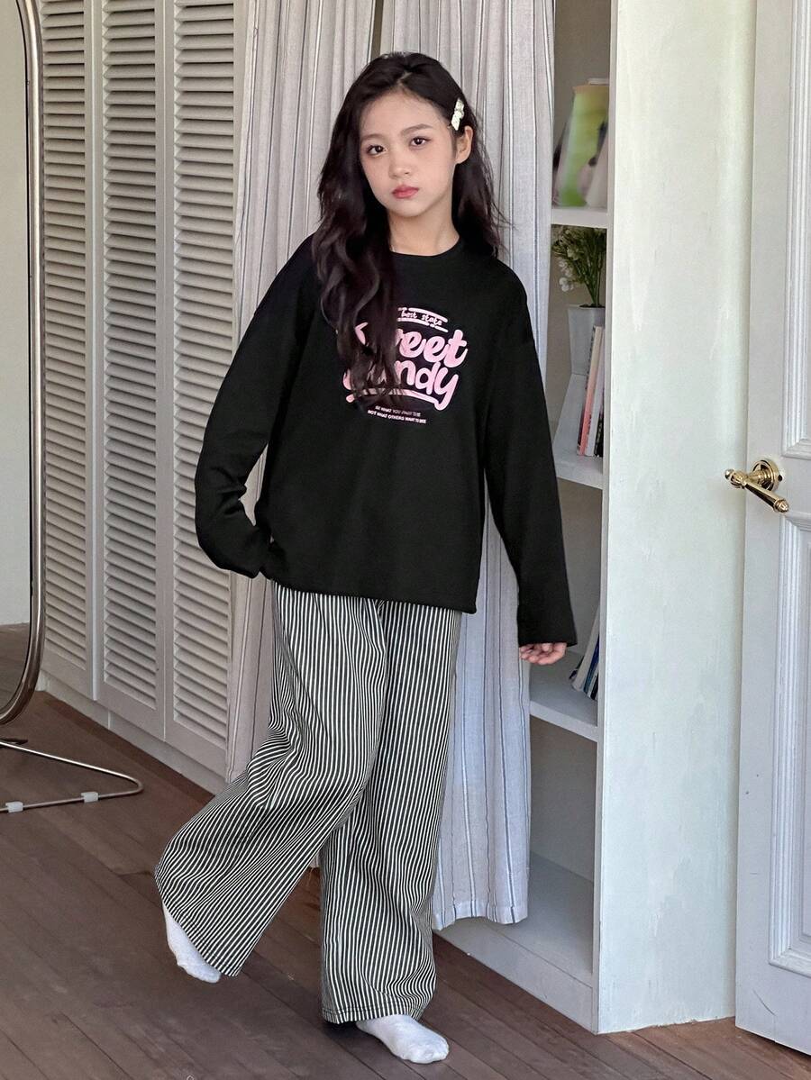 DAZY 2pcs Kids Tween Girls Crew Neck Printed Long Sleeve T-Shirt + Striped Woven Pants Loungewear Set, Autumn