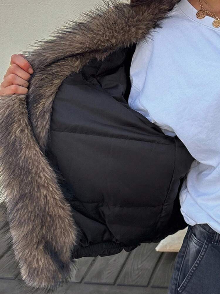 Contrast Color Fur Collar Loose Casual Street Thick Jacket, Women Padded Coat For Autumn/Winter