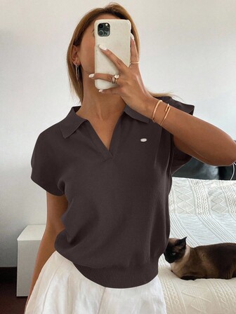 Livesso Women's Solid Fitted Polo Collar Knit Top, Commuter Casual For Spring/Summer