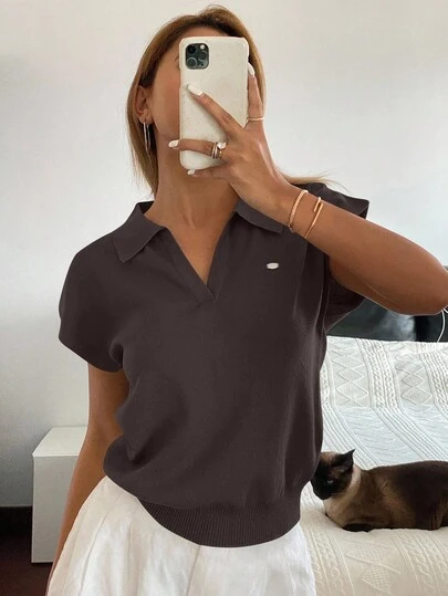 Livesso Women's Solid Fitted Polo Collar Knit Top, Commuter Casual For Spring/Summer