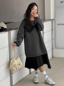 DAZY Tween Girls Round Neck Knit Sweatshirt Dress - Grey - View 1