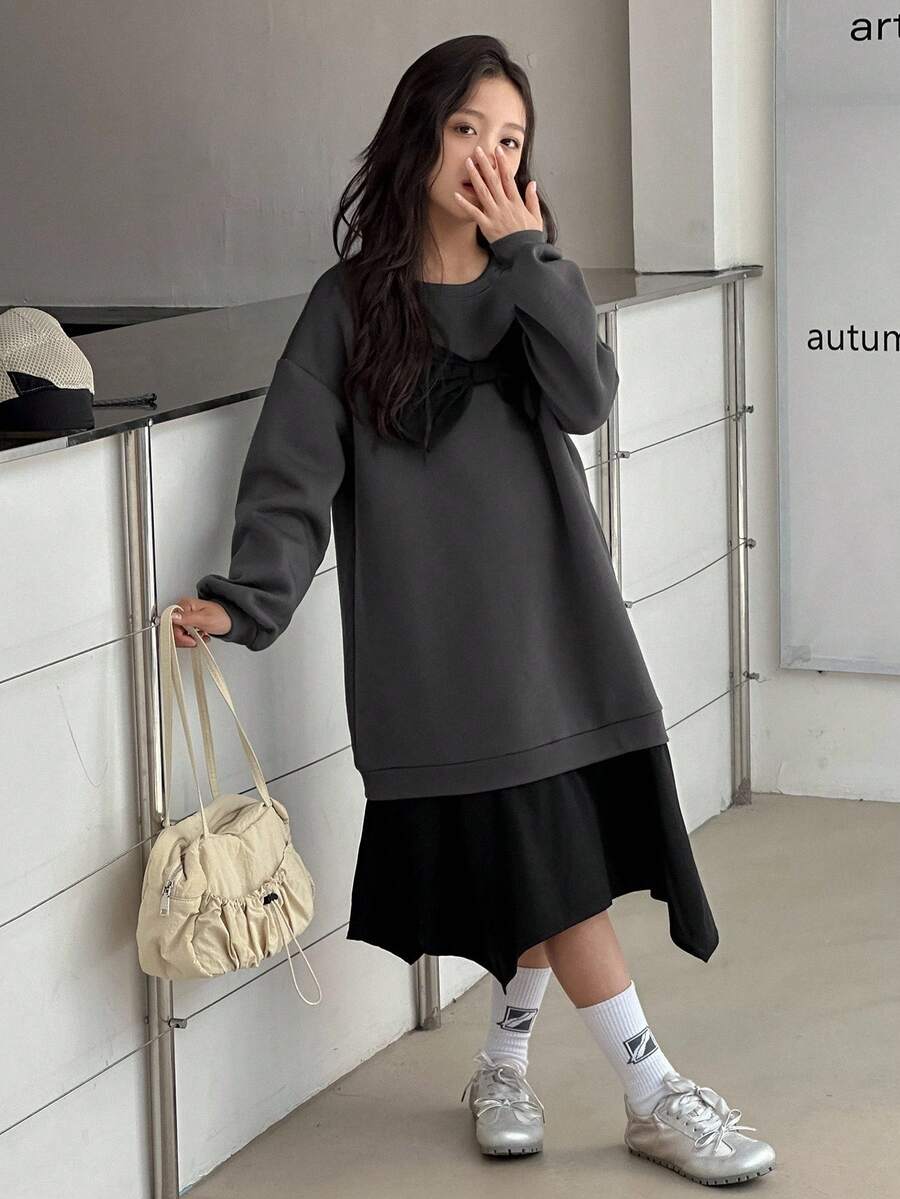 DAZY Tween Girls Round Neck Knit Sweatshirt Dress - Grey - View 1