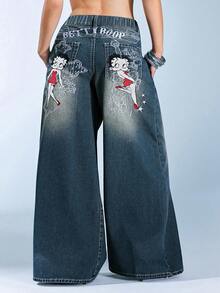 Betty Boop | ROMWE Quần jeans ống rộng thêu họa tiết hoạt hình giặt thường ngày cỡ lớn - Màu xanh lam - Xem 11