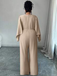 Elenzga Plus Size Women's Minimalist Cinched Waist Wide Leg Jumpsuit With Faux Shawl - Khaki - View 2
