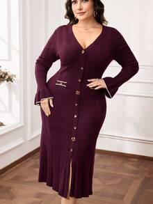 Modelyn Plus Size Elegant Bell Sleeve Knit Dress, Suitable For Commuting In Fall/Winter - Burgundy - View 7