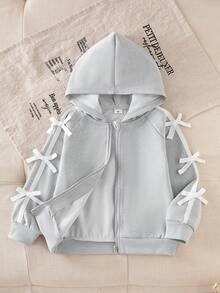 2 peças/Conjunto Jaqueta com Capuz de Malha Cinza com Laço e Calça Flare para Meninas Jovens, Conjunto Esportivo Casual para Outono e Inverno - Cinza - Visão 6
