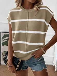 EMERY ROSE Women's Casual Loose Round Neck Drop Shoulder Sleeveless Knitted Vest, Fashion Striped Color Block Pullover Sweater Tank Top For Autumn/Winter