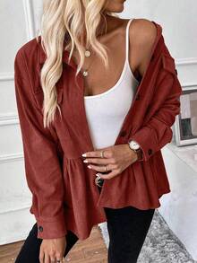 EMERY ROSE 休闲宽松长袖纯色纽扣口袋女式外套 - 棕色 - 查看 7