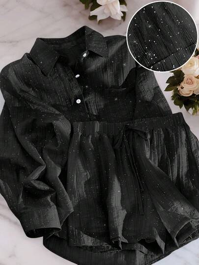 SHEIN 2pcs/Set Shiny Sequin Casual Outfit For Women, Lightweight Versatile Shirt And Wide Leg Shorts, Summer