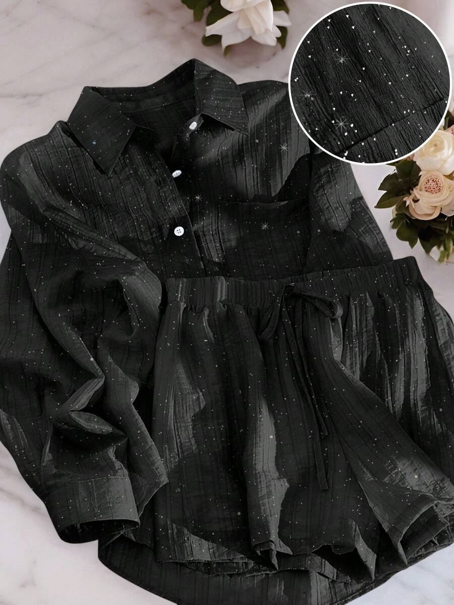 SHEIN Bộ 2 món/Bộ trang phục thường ngày lấp lánh kim sa dành cho nữ, áo sơ mi nhẹ, đa năng và quần short ống rộng, mùa hè - màu đen - Xem 1
