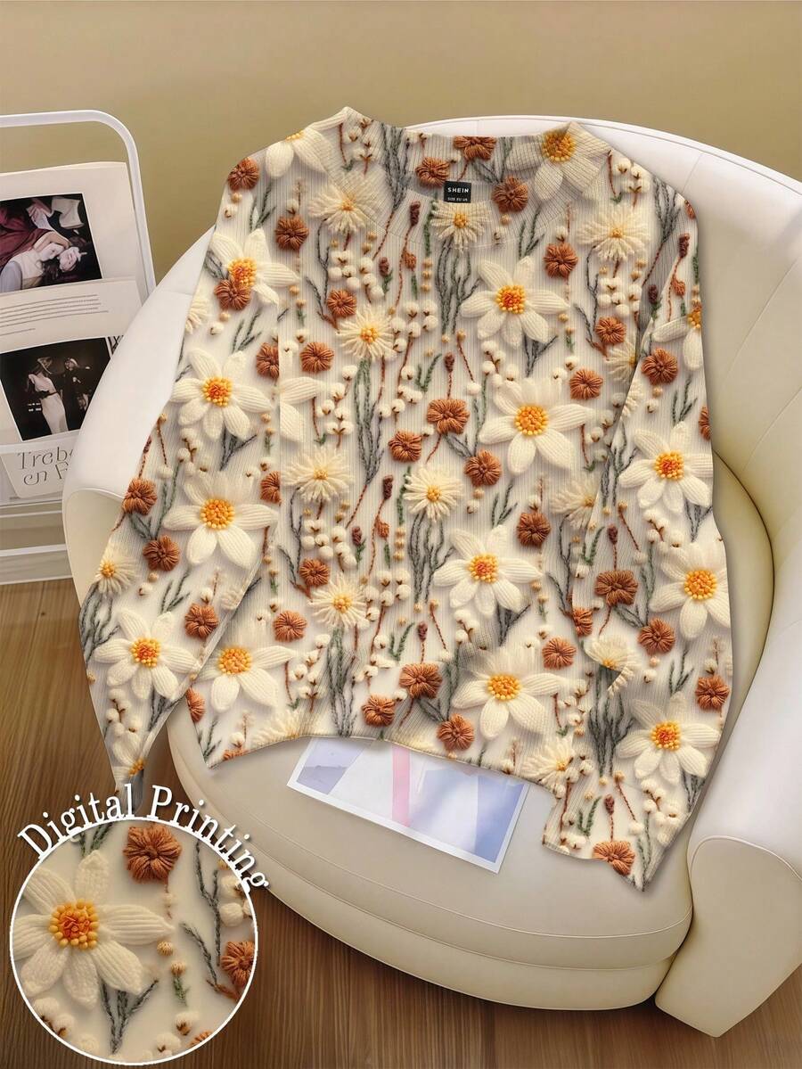 SHEIN 女式花卉贴花圆领长袖毛衣 - 彩色 - 查看 1