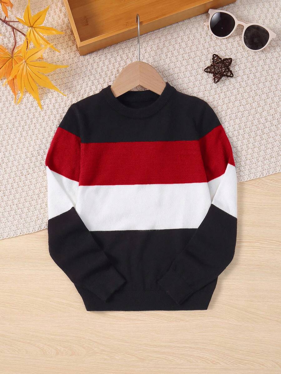 SHEIN Suéter casual de cuello redondo de manga larga a rayas para niño preadolescente, otoño/invierno - Rojo - Ver 1