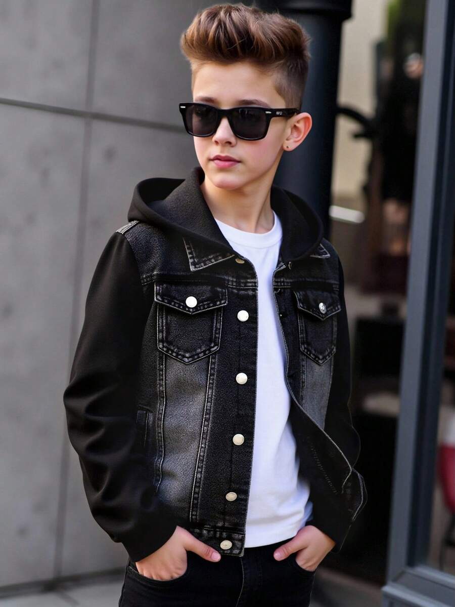 Tween Boys' Denim Hooded Jacket, Vintage Streetwear Casual College Style, Black Washed Denim With Black Knit Patchwork, Suitable For Outings, Dates, Daily College Looks, Leisure & Holiday, Street Photography, A Versatile Fashion Piece For Autumn/Winter - Black - View 1