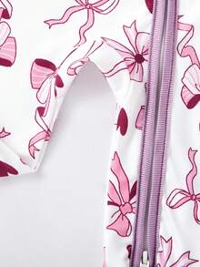 Baby Girls' Pink Bow & Digital Print Long Sleeve Zipper Front Jumpsuit Sleepwear, Snug Fit Fall Winter - Purple - View 3