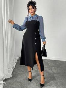 SHEIN Elenzya Plus Size Women's Color Block Long Sleeve Fitted A-Line Asymmetric Hem 2 In 1 Elegant Commuter Maxi Shirt Dress Fall Cloth For Women