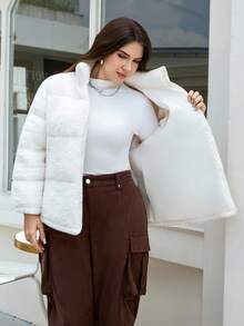 SHEIN LUNE 加大码女式米色珊瑚绒北极泡泡面料加厚保暖秋冬季外套立领毛绒让你温暖的冬季外套 - 米色 - 查看 9