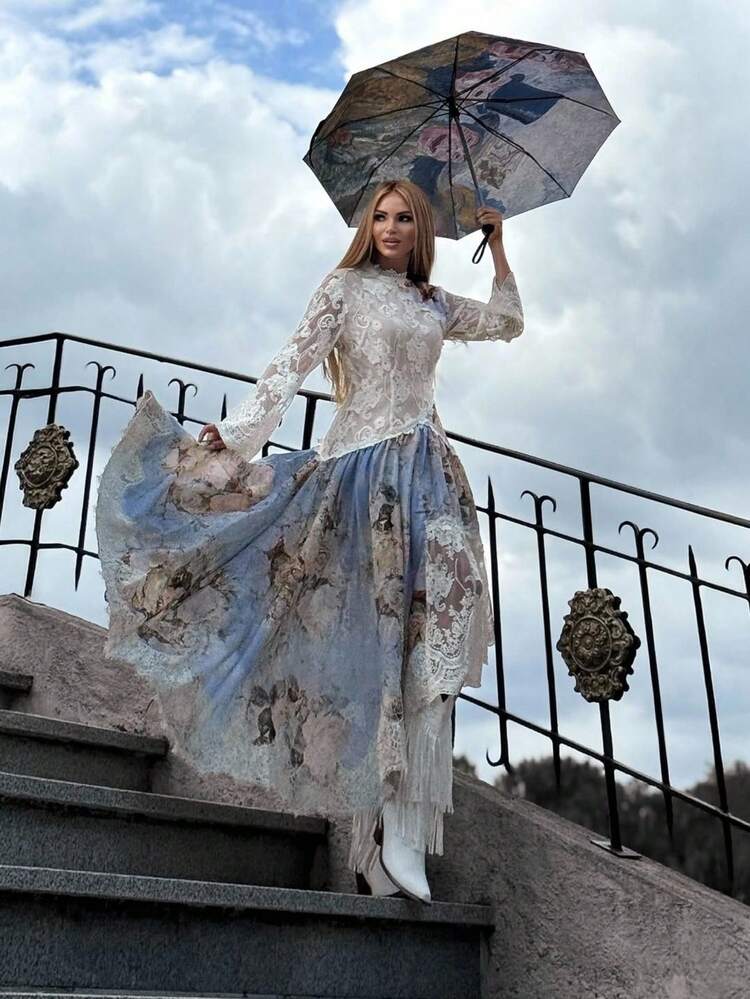 Elegant Romantic Lace Patchwork Woven Dress, Suitable For Party, Banquet, Date, Spring/Summer Outfits For Women