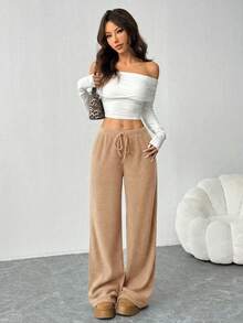 SHEIN EZwear Stylish Women's Camel Plain Knitted Wide Leg Long Pants With Pockets For Everyday Wear Comfy Pants Knit Pants Women Wide Leg Pants