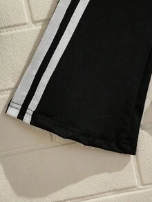 Explorewe 2件套少女休闲条纹印花T恤和松紧腰条纹打底裤套装 - 黑色 - 查看 8