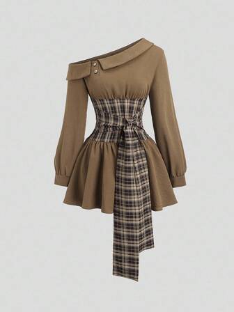 SHEIN Sweetro French Casual Vintage Brown Plaid Patchwork Sexy Asymmetrical Shoulder Lapel Waist Fitted A-Line Puff Sleeve Spring New Women Short Dress